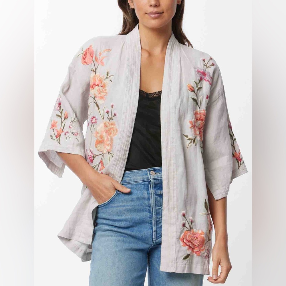 Johnny Was Los Angeles Floral Embroidered Linen Kimono Cardigan Boho Size S